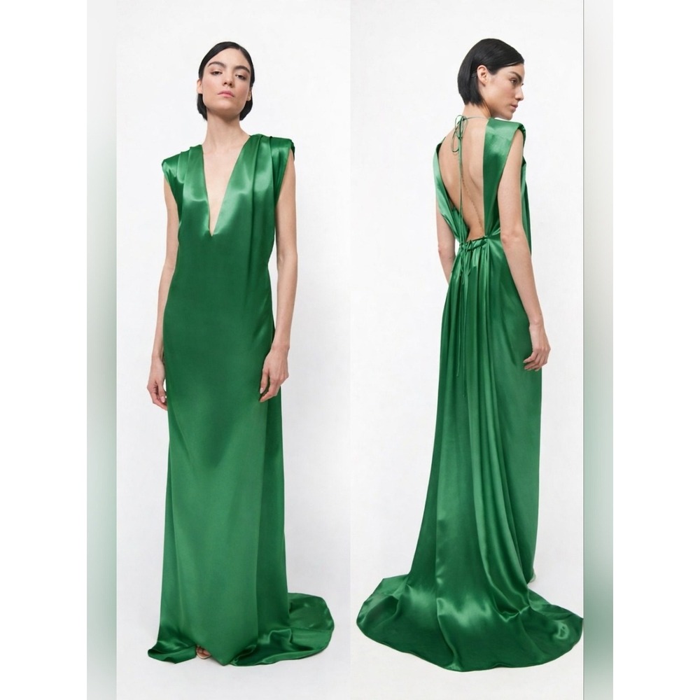 Emerald Green Satin Open Back Plunging V-Neck Sleeveless Maxi Gown Formal Dress - Picture 3 of 3
